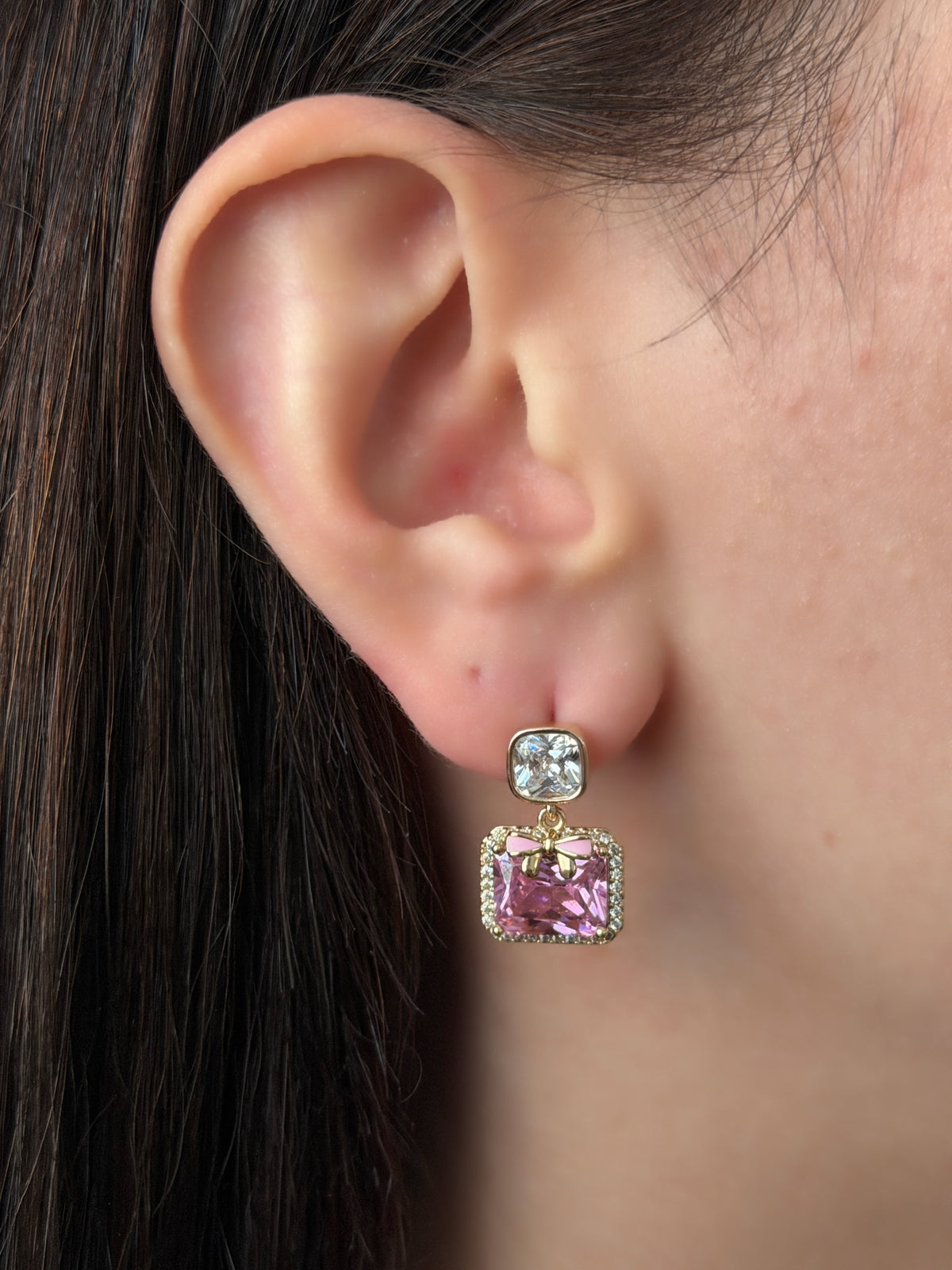Princess Cut Pembe Fiyonklu Küpe